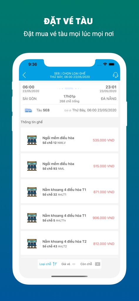 Săn Vé Máy Bay Giá Rẻ 12Bay.vn - ベトナム旅行のための様々な列車の座席タイプと価格を表示するモバイルアプリ画面