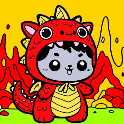 a kitten wearing a dragon costume with lava balls in the background
