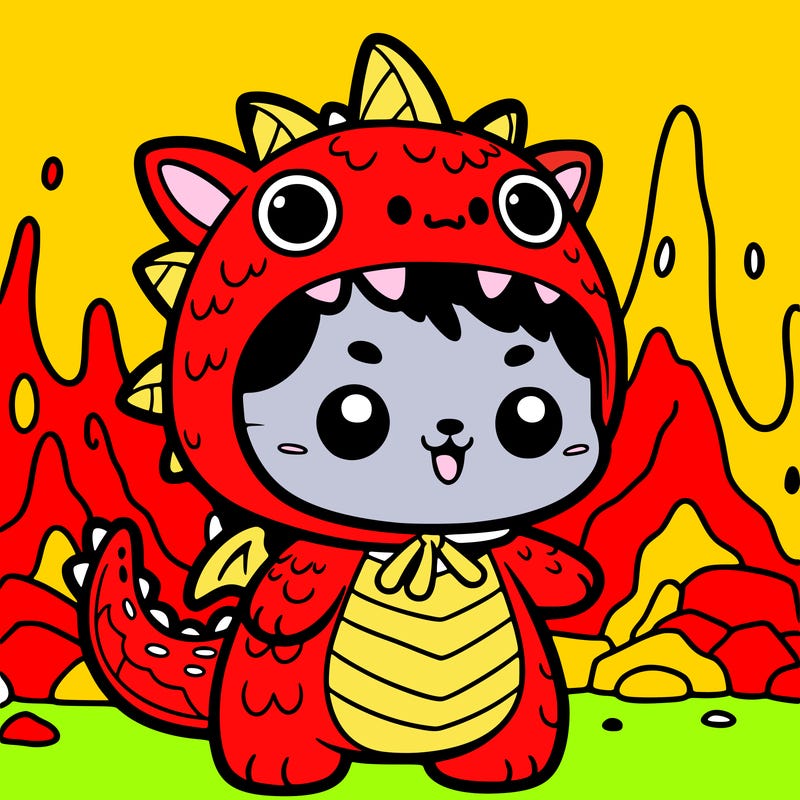 a kitten wearing a dragon costume with lava balls in the background