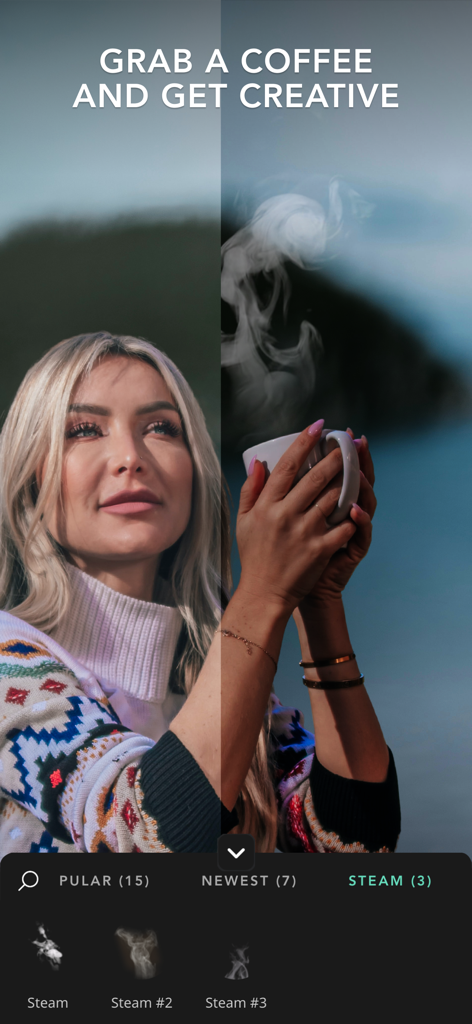 A woman holding a coffee mug with animated steam effects added using VIMAGE 3D Live Photo Animation.