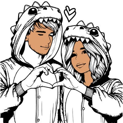 realistic couple wearing matching dinosaur onesies with heart hand gesture