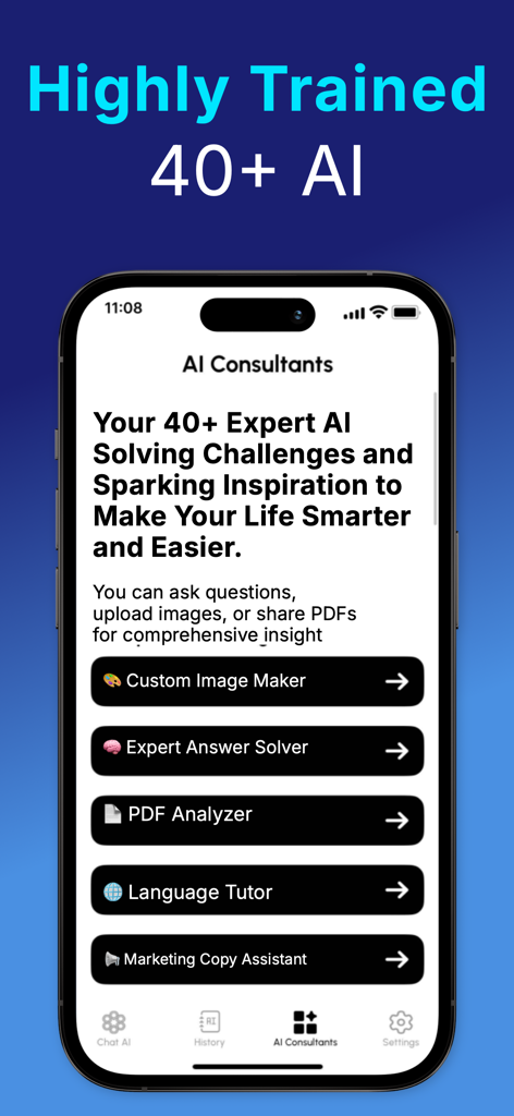 Chat+ AI: Safe & PIN-Protected - Chat+ AI mobile app interface showing various expert AI consultants like PDF Analyzer and Custom Image Maker