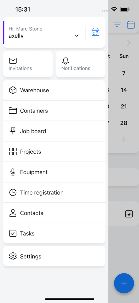Dashboard view of the Rentman mobile app displaying the main navigation menu with options for warehouse projects equipment and time registration