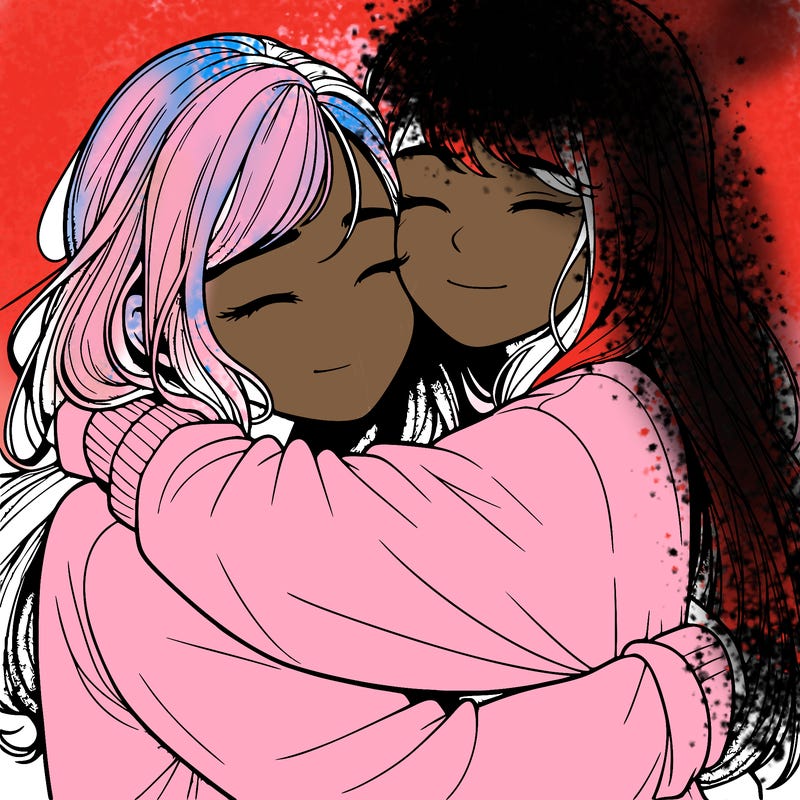 realistic two girls hugging