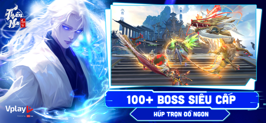 Thần Ma Loạn Vũ - Vplay - Jugabilidad de batalla contra jefe de Thần Ma Loạn Vũ Vplay con un dragón dorado gigante y un personaje guerrero