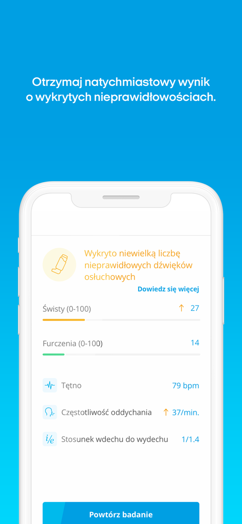 Smartphone screen of the StethoMe app showing AI-powered respiratory analysis results for heart rate and breathing frequency