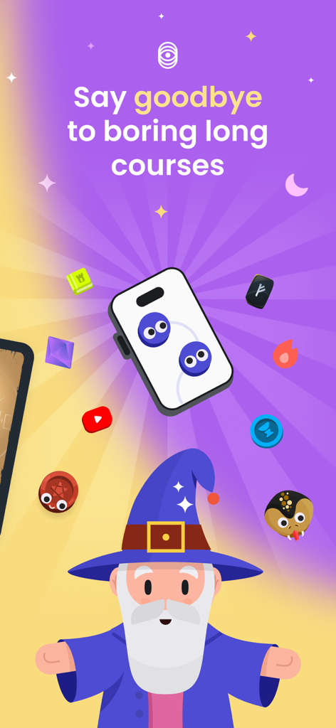 Astra Trainer - Astra Trainer app introductory screen featuring a cartoon wizard and various spiritual symbols.