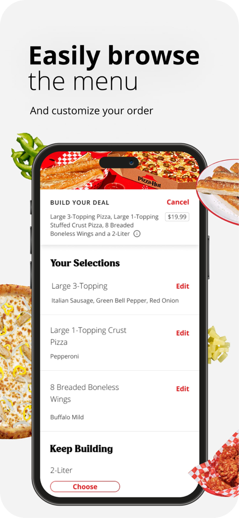 Pizza Hut - Delivery & Takeout - Capture d'écran de l'application mobile Pizza Hut affichant la navigation dans le menu et la personnalisation des commandes pour une formule repas