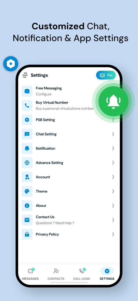 Settings menu of the Private Message Box app showing options for virtual numbers and notifications