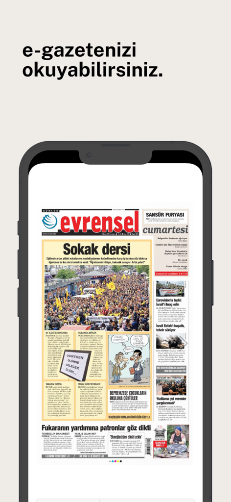 Evrensel Gazetesi - Evrensel Gazetesi app showing a digital newspaper page on a mobile phone