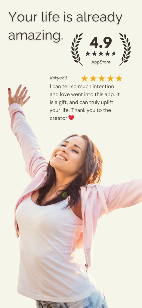 Gratitude Journal & Self Care - A screenshot of the Gratefully app featuring a 4.9 App Store rating and a glowing user review next to a photo of a happy woman.