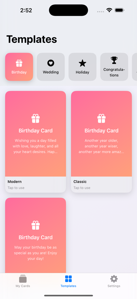 AI Card Maker - Interfaz de Creador de Tarjetas IA mostrando varias plantillas elegantes de tarjetas de cumpleaños con texto personalizable.