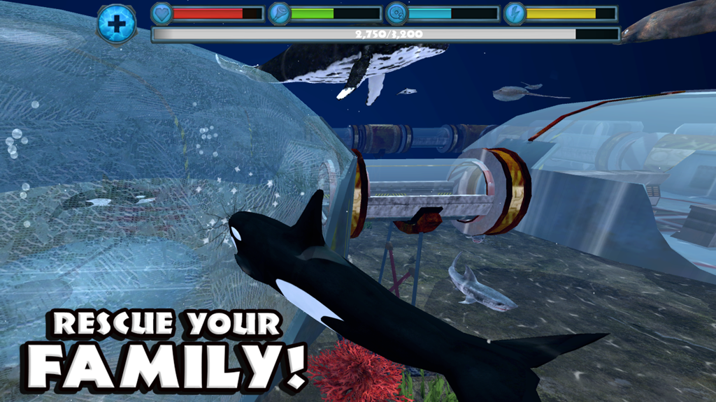 Orca Simulator - An orca swimming near an underwater base with the message Rescue Your Family
