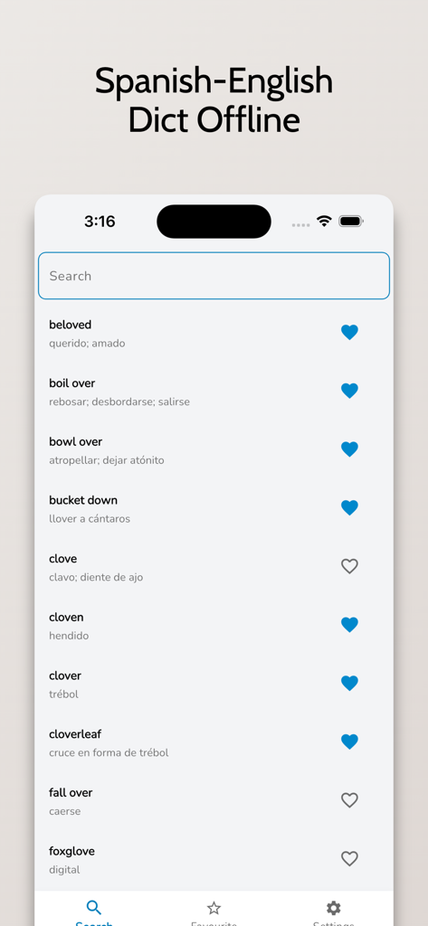 Spanish English Dictionary Box - Pantalla de búsqueda de la aplicación Diccionario Español Inglés Box mostrando palabras en inglés con traducciones al español e íconos de favoritos