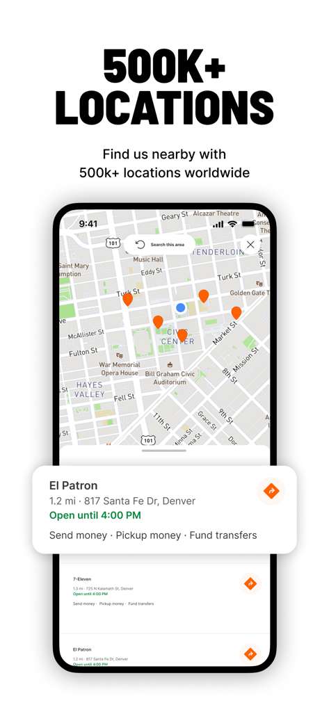 Ria Money Transfer app showing a map interface with over 500,000 cash pickup locations worldwide.
