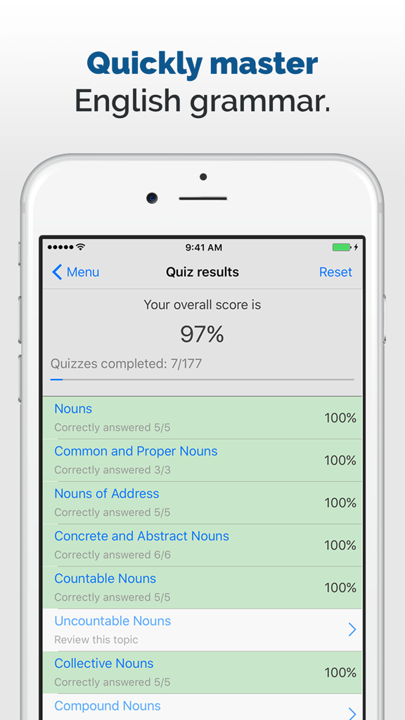 Complete English Grammar Rules - iPhone screen showing quiz results in the Complete English Grammar Rules app with a 97 percent overall score