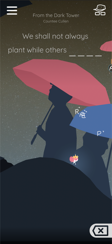 Scattered Verse - Minimalist gameplay screen showing a character in a poetry-themed word puzzle level with umbrellas and silhouettes.