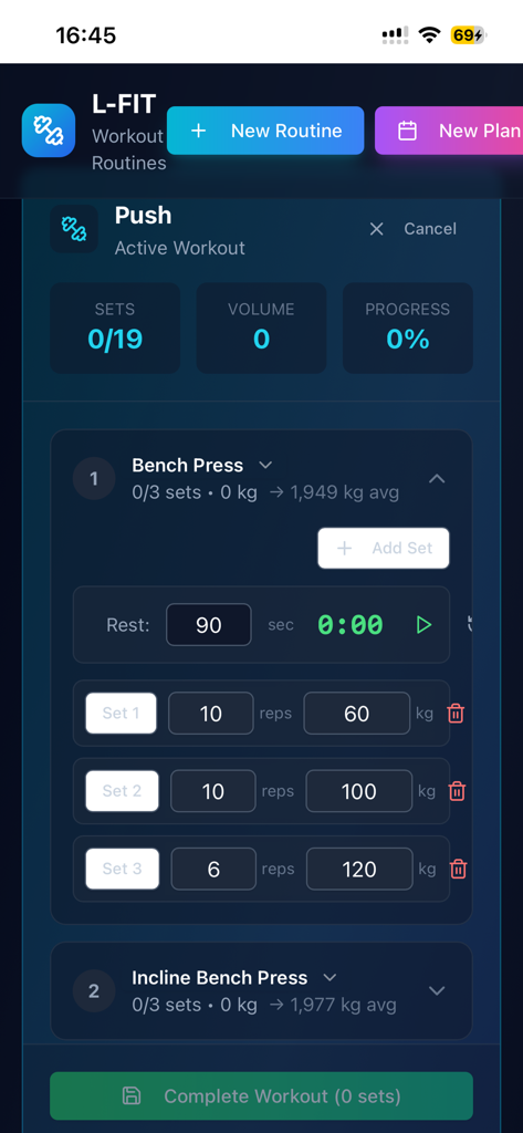 L-fit - L-fit app interface showing a push workout routine with bench press tracking and a rest timer.