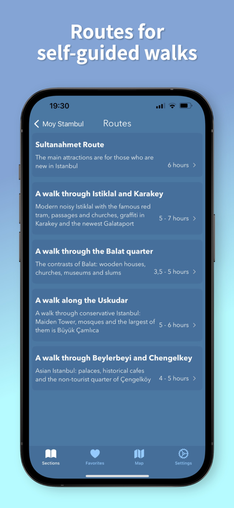 A mobile screen showing a list of self-guided walking routes in Istanbul with estimated durations for Sultanahmet and Balat.