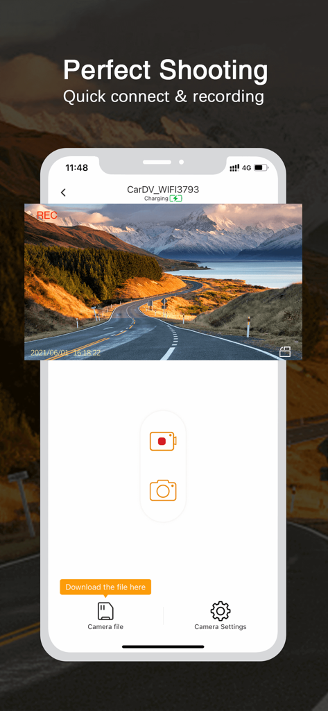 Peztio app interface showing a live dashcam video feed with recording and download options.