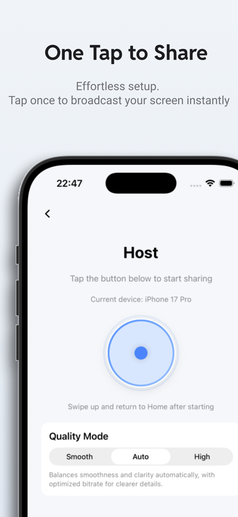 CamScreen: Photo Monitor - CamScreenアプリのホストインターフェース。ワンタップ画面共有と品質モード設定を表示