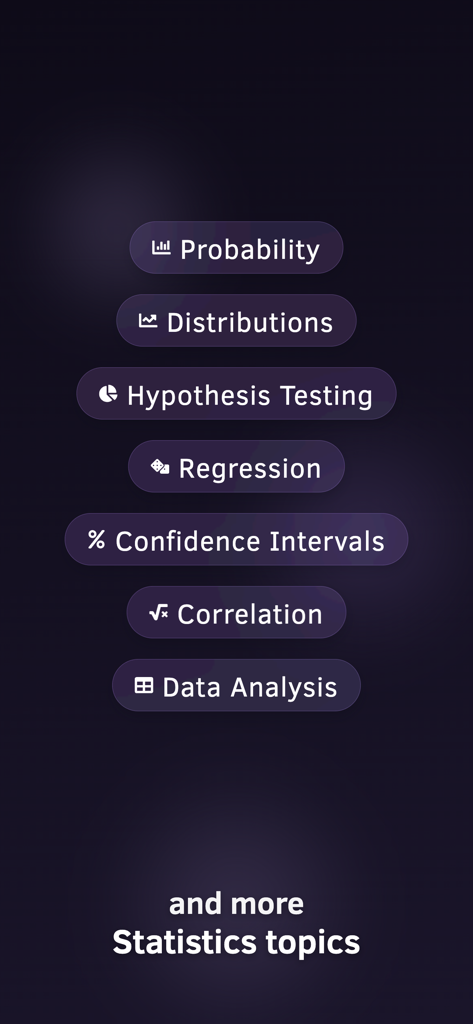 Statistics Problem Solver AI - A list of statistical study topics including probability distributions and hypothesis testing covered by the app.