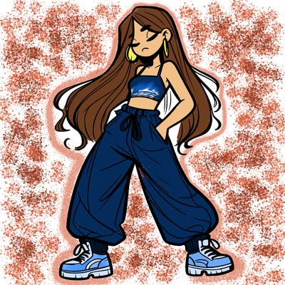 girl in baggy pants crop top and long hair