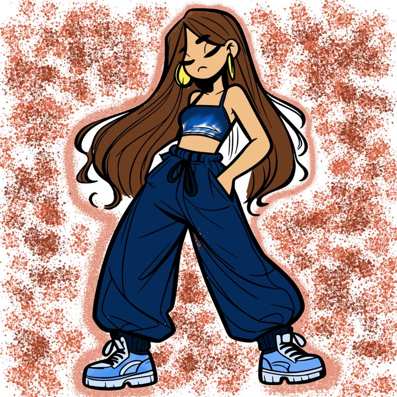 girl in baggy pants crop top and long hair