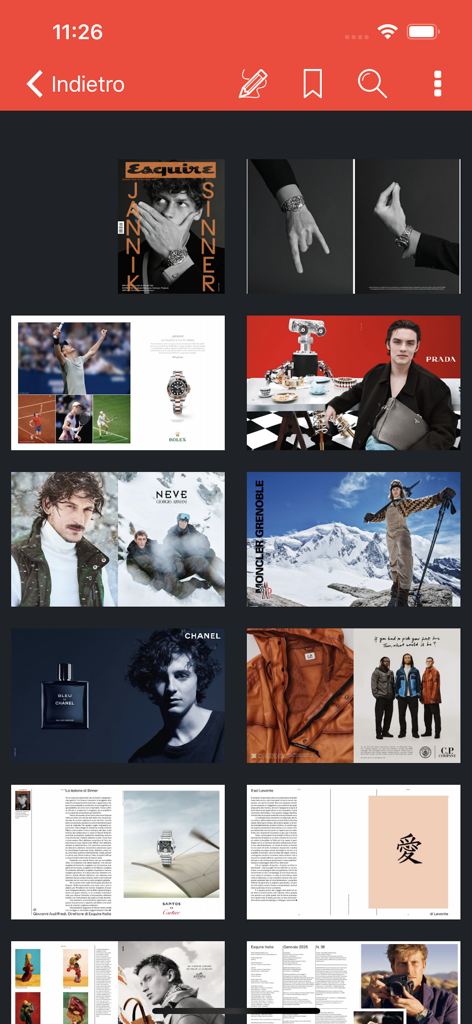 Una vista a griglia di pagine di riviste e pubblicità di lusso all'interno dell'app mobile Esquire Italia.