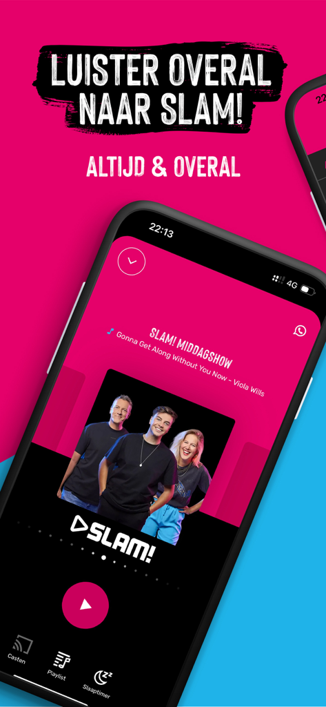 Ein Smartphone, das die Benutzeroberfläche der SLAM!-Radio-App mit Live-Musikplayer und niederländischen Radio-Moderatoren zeigt