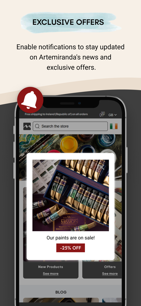 Artemiranda - Artemiranda mobile app screen showing exclusive offers and notification alerts for art supply discounts.