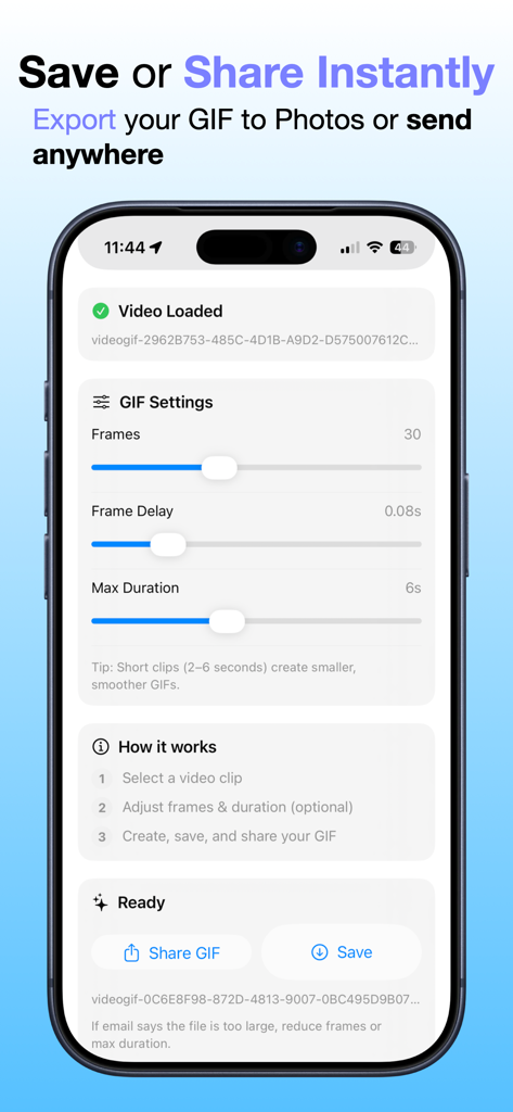 Make GIFs from Video - Screenshot dell'app Make GIFs from Video su iPhone che mostra le opzioni di personalizzazione per frame e durata.