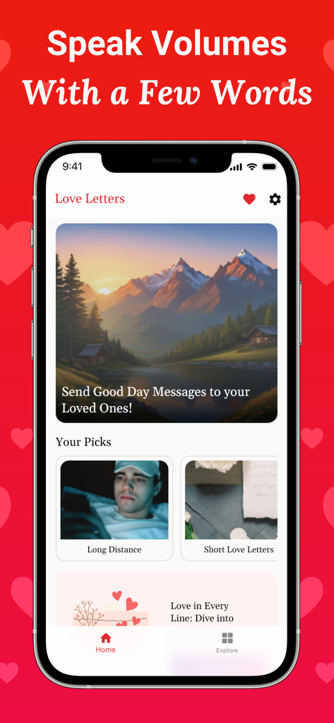 Mobile app home screen for Love Letters and Messages showing categories like Long Distance and Short Love Letters