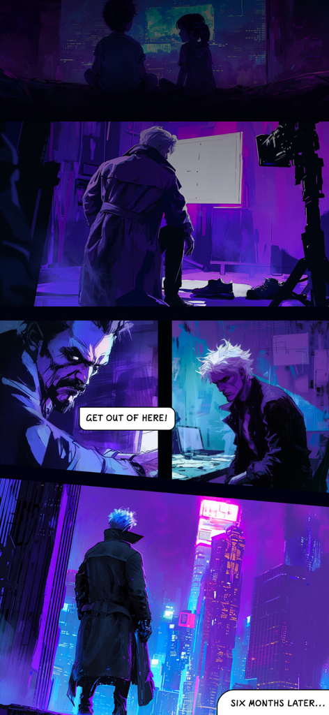 The Artman - Comic style storyboard panels showing a filmmaker in a neon cyberpunk city.