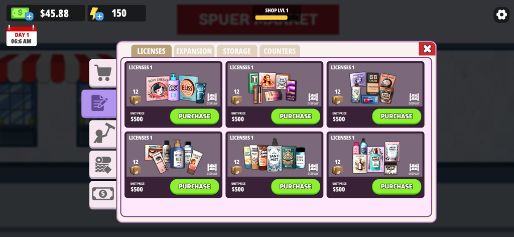 My Makeup Shop Simulator - In-game menu showing various cosmetic and skincare product licenses available for purchase