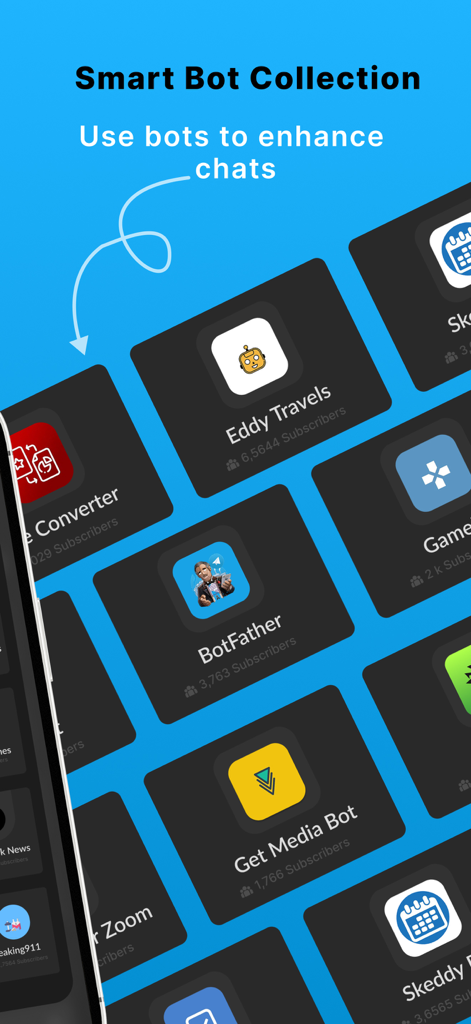 Interfaccia di Tele Messenger che mostra una collezione di bot intelligenti come BotFather e Eddy Travels per migliorare le chat.