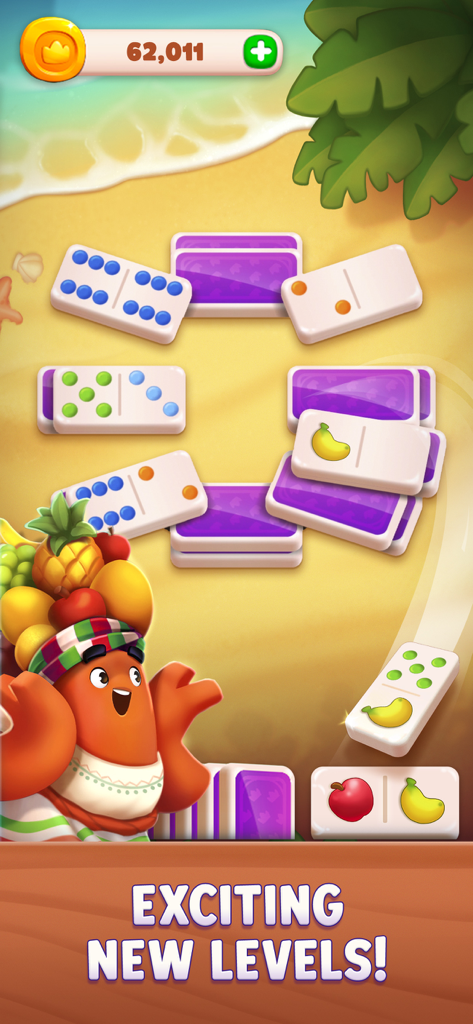 Gameplay screenshot of Domino Dreams showing a circular domino puzzle on a beach background with a character wearing a fruit hat
