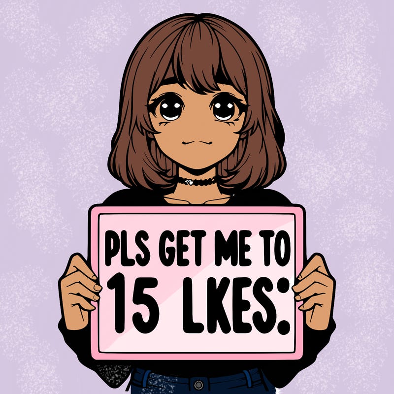 realistic girl holding up a sign that says “pls get me to 15 likes!”