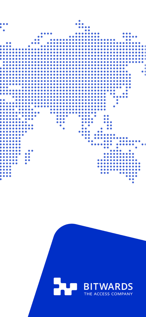 Bitwards - Bitwards app splash screen featuring a blue dotted world map and the company logo