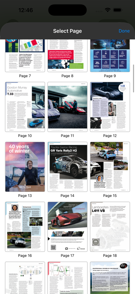 Automotive Testing Technology - Grid view of technical magazine pages in the Automotive Testing Technology mobile application.