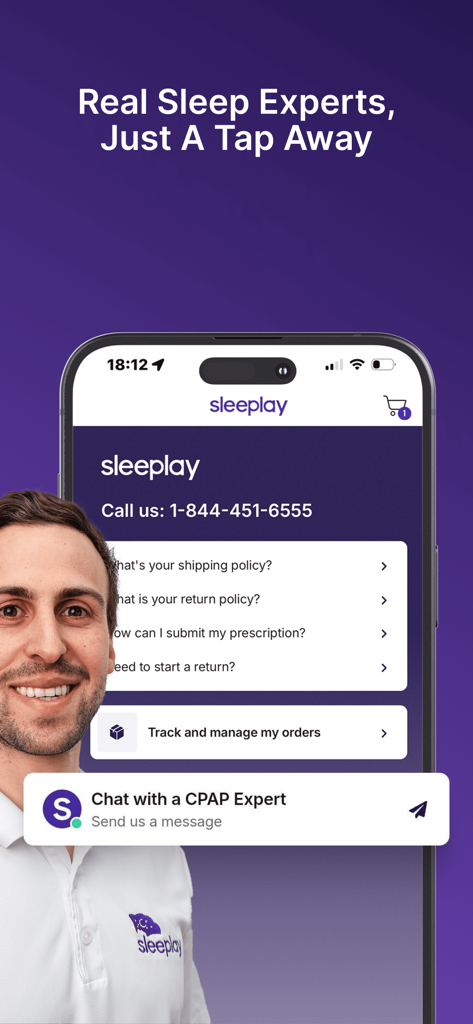 Sleeplay - Sleeplay app screen showing CPAP expert chat and customer support options