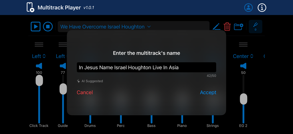 The Multitrack Player - A pop up window to enter a multitrack name in the music mixer interface.