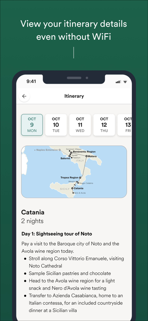 EF Go Ahead Tours - Mobile app screen showing a detailed travel itinerary and map of Italy with offline access