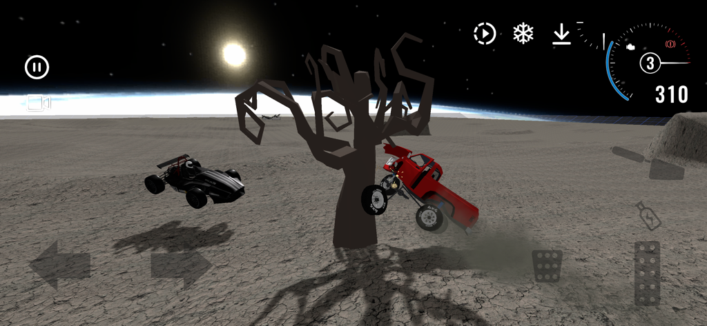 Car Crash Simulator in Space - A red truck crashing into a tree on the moon surface with realistic physics in Car Crash Simulator in Space.