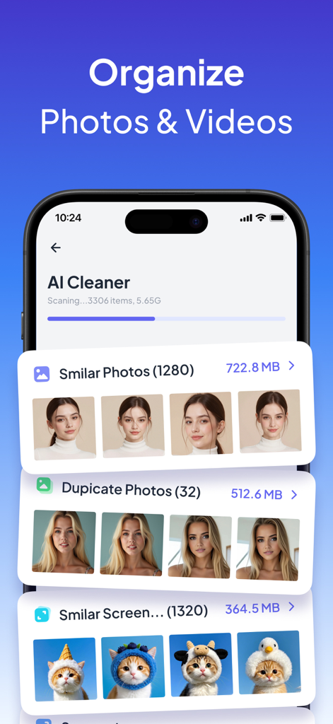 AI Cleaner Guru: Photo Cleaner - Interfaz de la aplicación AI Cleaner Guru mostrando fotos similares y duplicadas categorizadas para la limpieza del almacenamiento