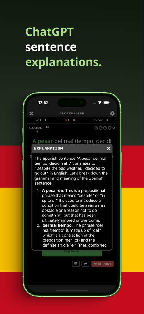 Clozemaster Spanish - Captura de pantalla de Clozemaster Español mostrando una explicación de frases impulsada por IA para gramática y vocabulario