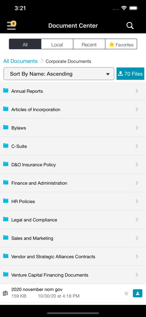 The Document Center interface in the Nasdaq Directors Desk app displaying folders for corporate documents such as Annual Reports and Bylaws.