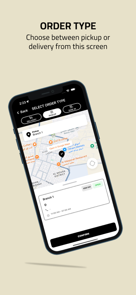 Maha Chef | مها شيف - Maha Chef app screen showing options to choose between delivery, pickup, or dine-in with a map and branch location details.