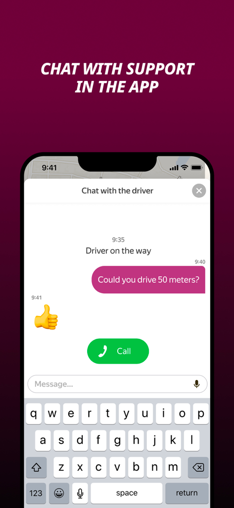 Pink Taxi Nova - Interface of the Pink Taxi Nova app showing a chat conversation between a passenger and a driver