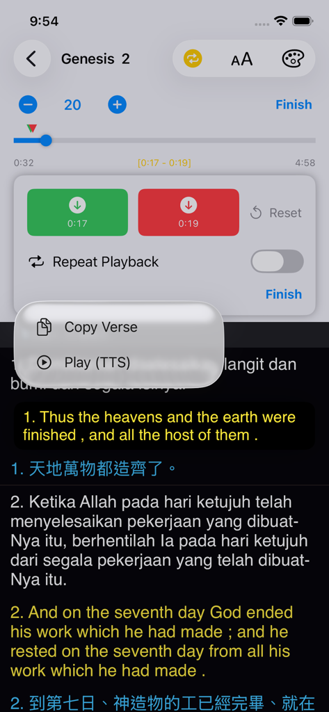 Malaysia Bible app interface showing scripture with audio and translation controls